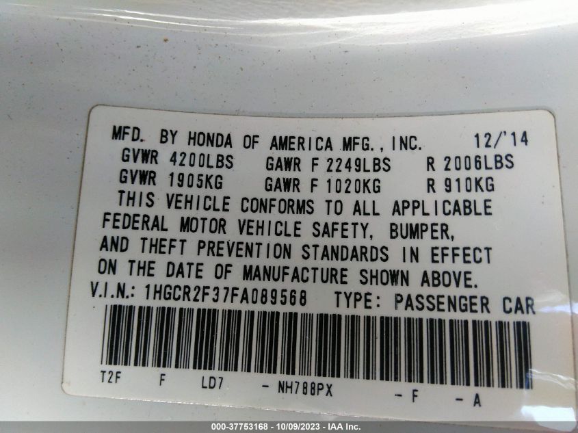 2015 HONDA ACCORD SEDAN LX - 1HGCR2F37FA089568