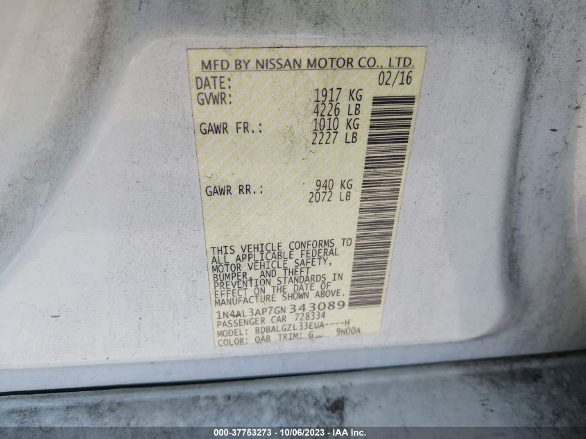 2016 NISSAN ALTIMA 2.5 S - 1N4AL3AP7GN343089