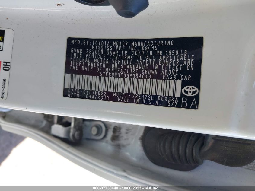 2016 TOYOTA COROLLA L/LE/S/S PLUS/LE PLUS - 5YFBURHE0GP394049