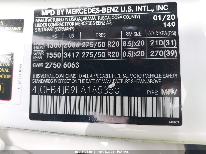 2020 MERCEDES-BENZ GLE GLE 350 4JGFB4JB9LA185350