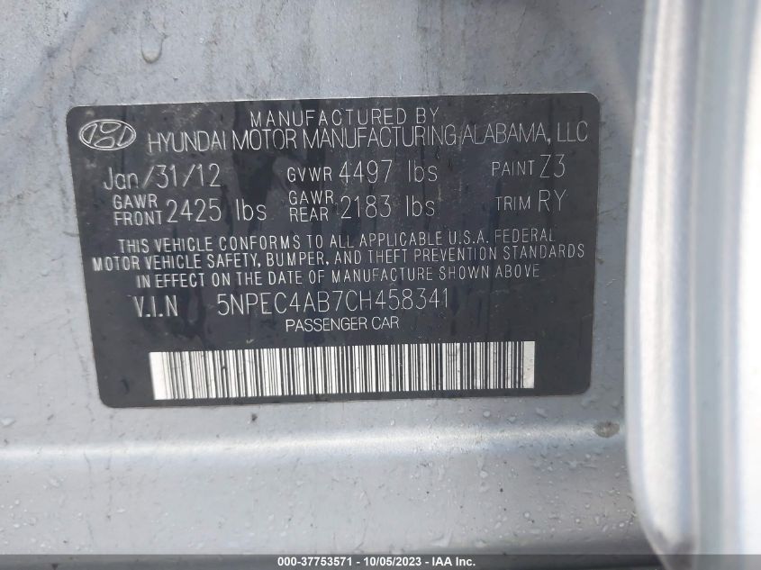 5NPEC4AB7CH458341 | 2012 HYUNDAI SONATA