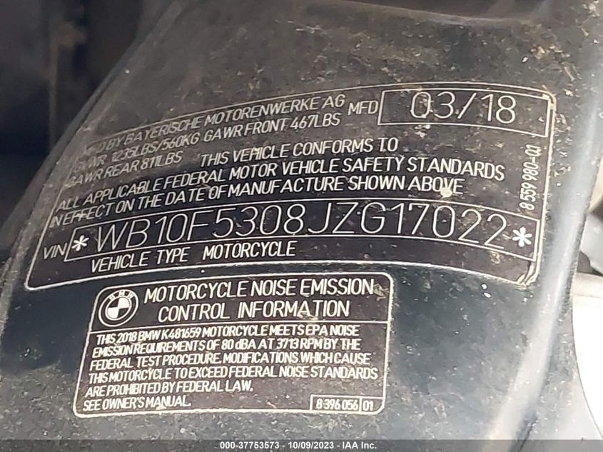 2018 BMW K1600 B WB10F5308JZG17022