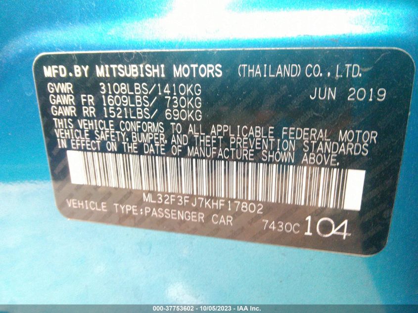 2019 MITSUBISHI MIRAGE G4 ES/RF - ML32F3FJ7KHF17802