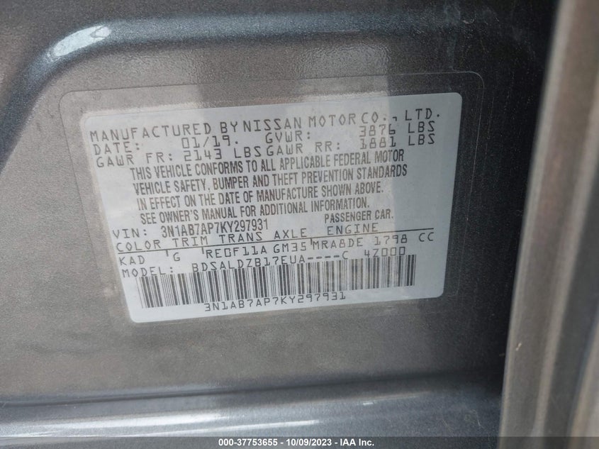 VIN 3N1AB7AP7KY297931 2019 NISSAN SENTRA SV