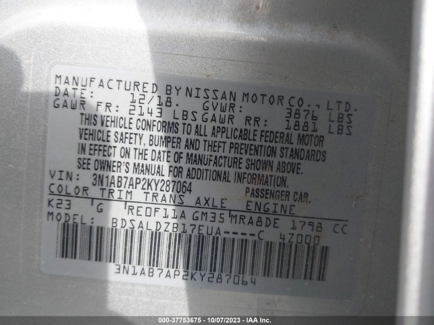 2019 NISSAN SENTRA SV - 3N1AB7AP2KY287064