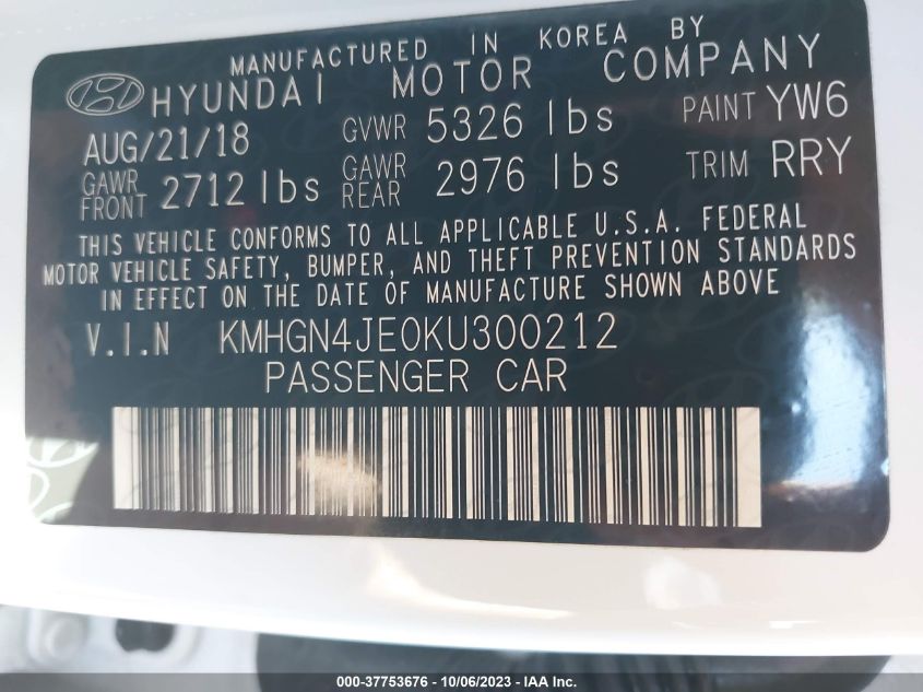 2019 GENESIS G80 3.8L - KMHGN4JE0KU300212