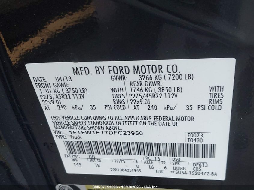 2013 FORD F-150 XL/XLT/FX4/LARIAT - 1FTFW1ET7DFC23950