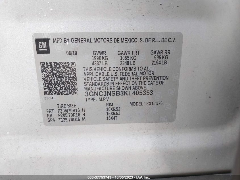 3GNCJNSB3KL405353 Chevrolet Trax LS 9