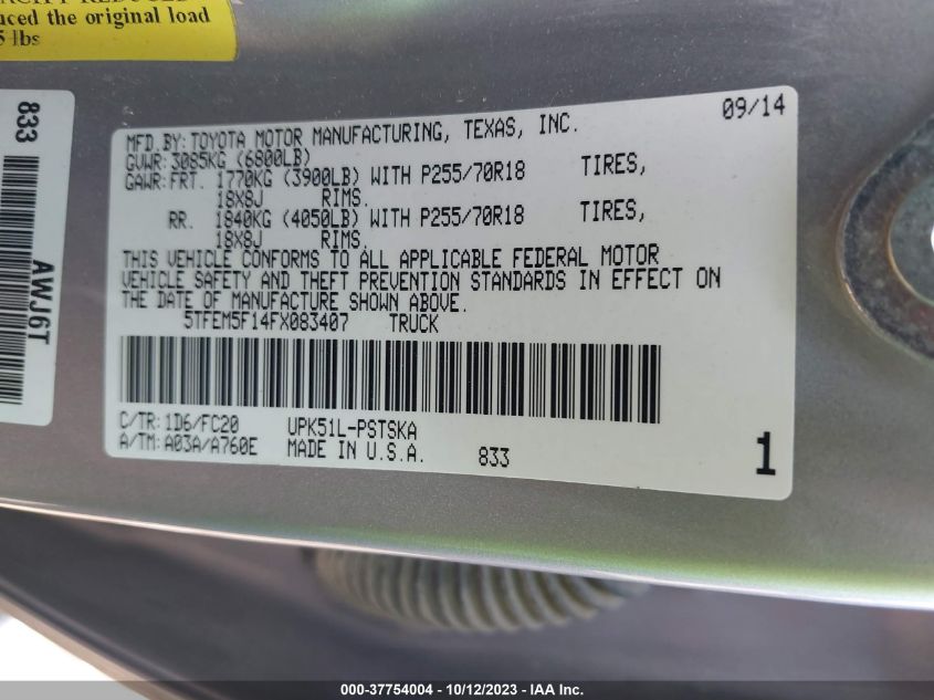 2015 TOYOTA TUNDRA 2WD TRUCK SR5 - 5TFEM5F14FX083407