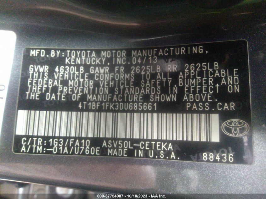 2013 TOYOTA CAMRY L/LE/SE/XLE - 4T1BF1FK3DU685661