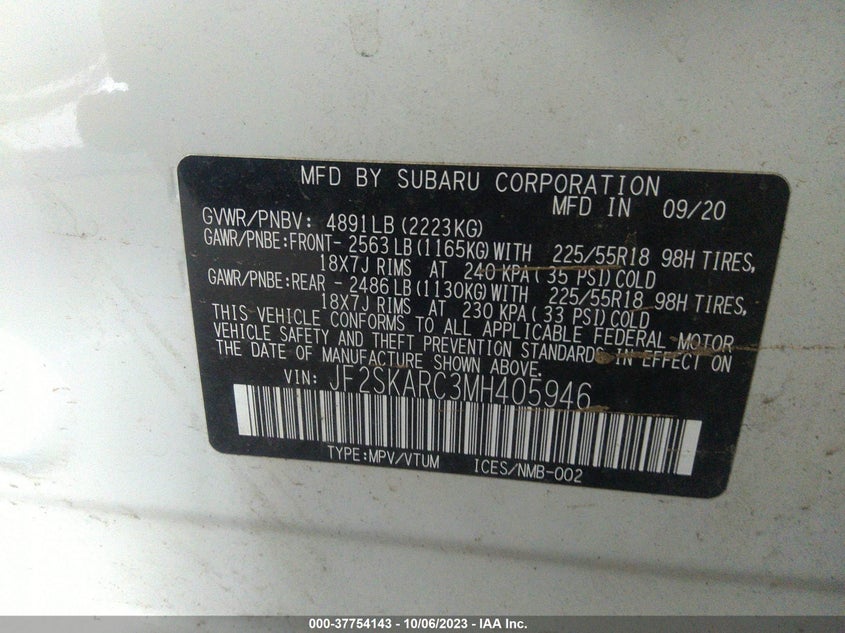 VIN JF2SKARC3MH405946 2021 SUBARU FORESTER SPORT