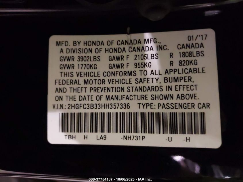 2017 HONDA CIVIC COUPE EX-T 2HGFC3B33HH357336