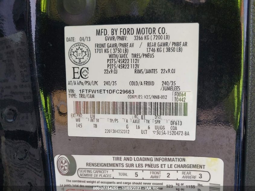 2013 FORD F-150 XL/XLT/FX4/LARIAT - 1FTFW1ET1DFC29663
