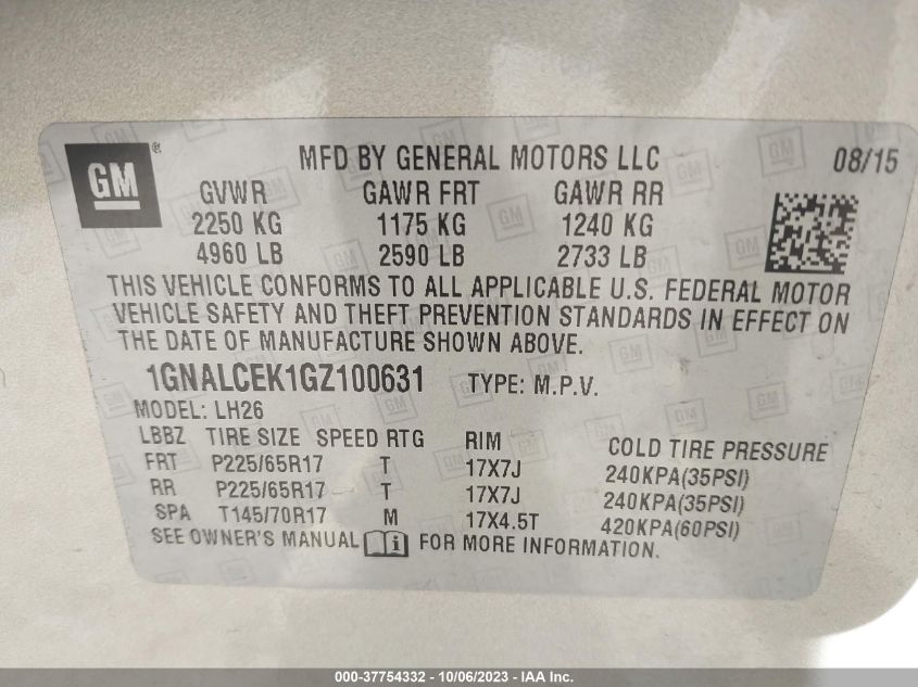 2016 CHEVROLET EQUINOX LT - 1GNALCEK1GZ100631