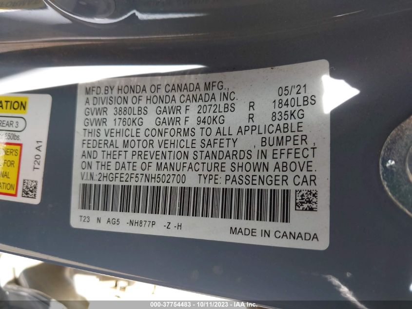2022 HONDA CIVIC SEDAN SPORT - 2HGFE2F57NH502700