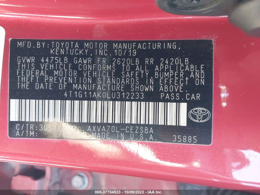 2020 TOYOTA CAMRY SE - 4T1G11AK0LU312233