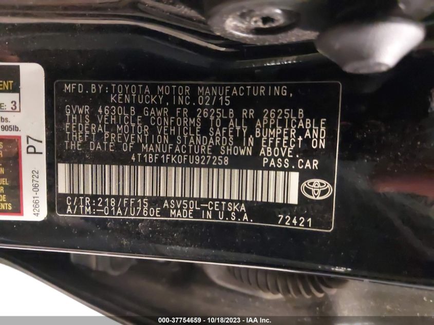2015 TOYOTA CAMRY XLE/SE/LE/XSE - 4T1BF1FK0FU927258