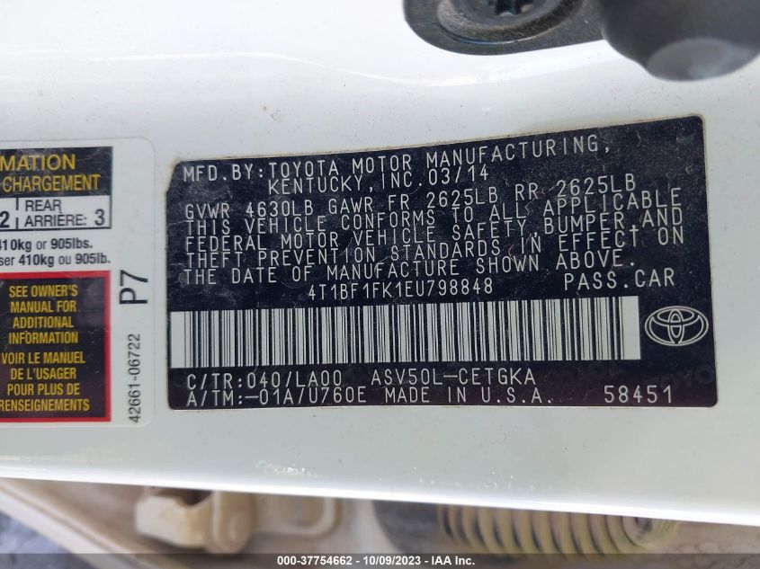 2014 TOYOTA CAMRY L/LE/XLE/SE/SE SPORT - 4T1BF1FK1EU798848