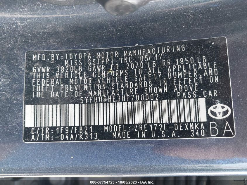 2017 TOYOTA COROLLA L/LE/XLE/SE - 5YFBURHE3HP700002