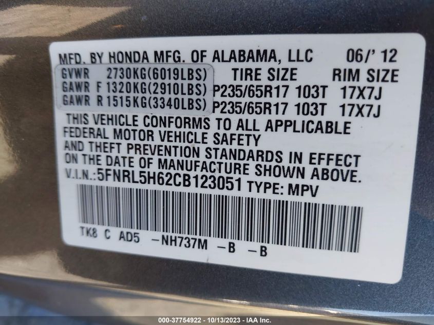 5FNRL5H62CB123051 2012 HONDA ODYSSEY, photo no. 9