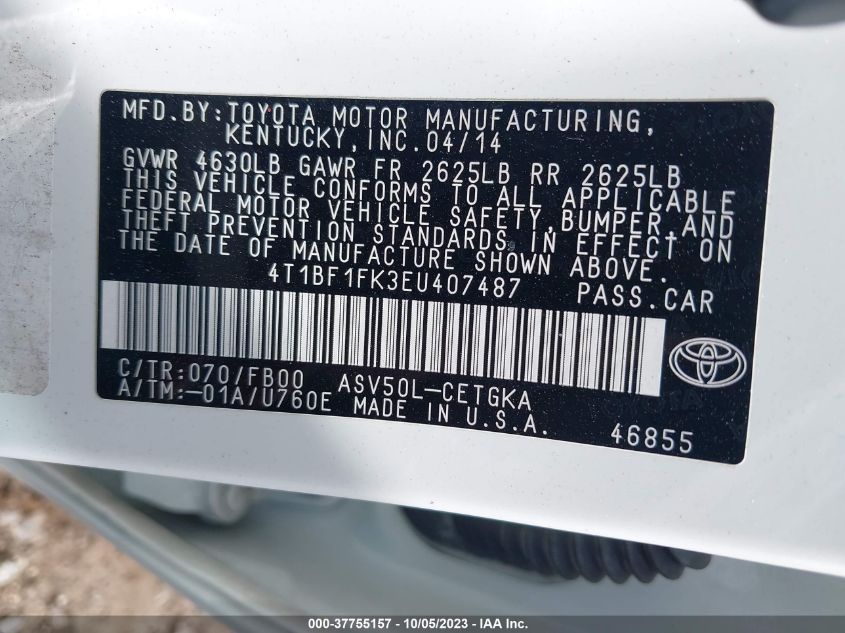 2014 TOYOTA CAMRY L/LE/XLE/SE/SE SPORT - 4T1BF1FK3EU407487