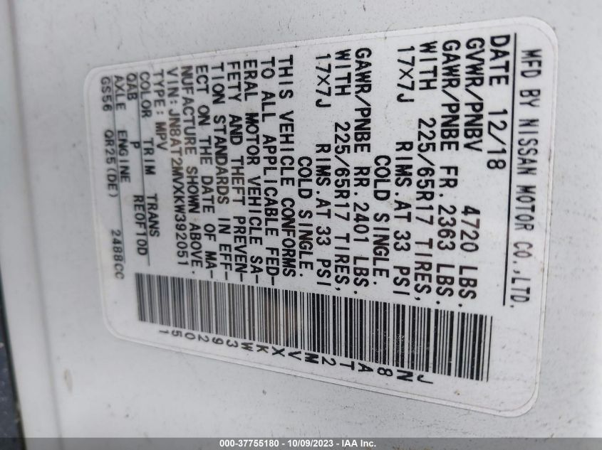 2019 NISSAN ROGUE SV - JN8AT2MVXKW392051