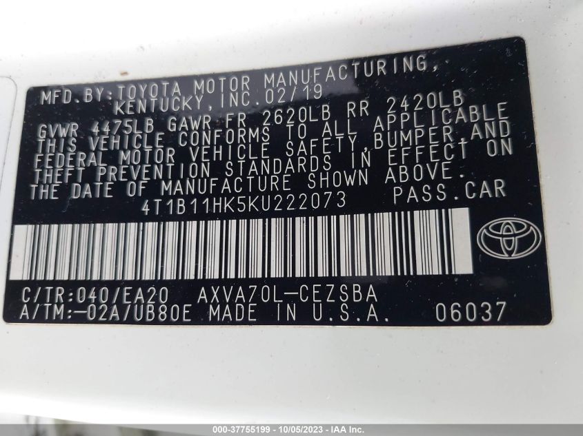 2019 TOYOTA CAMRY LE/SE/XLE/L - 4T1B11HK5KU222073