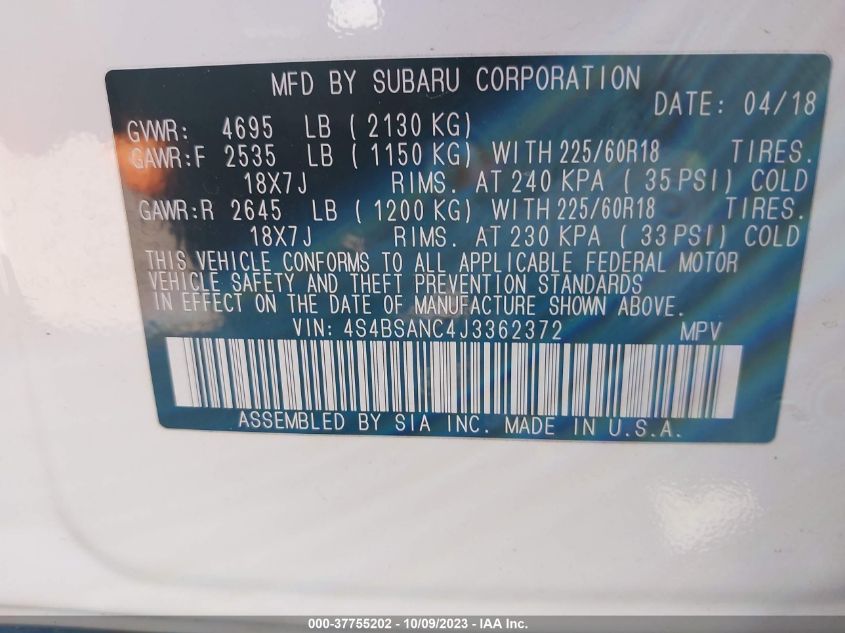 VIN 4S4BSANC4J3362372 2018 SUBARU OUTBACK 2.5I LIMITED