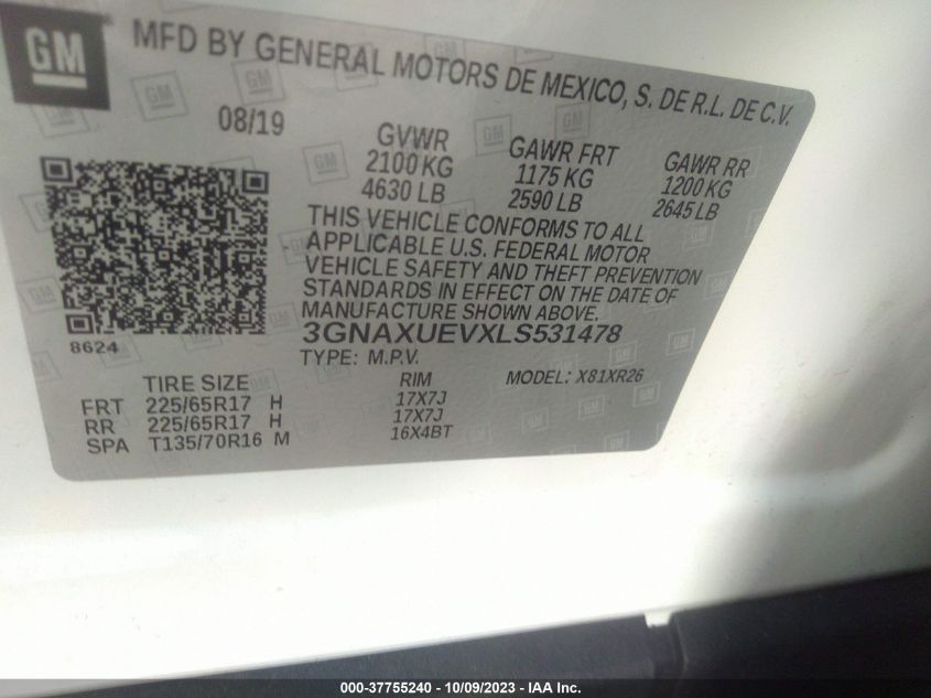 2020 CHEVROLET EQUINOX LT - 3GNAXUEVXLS531478