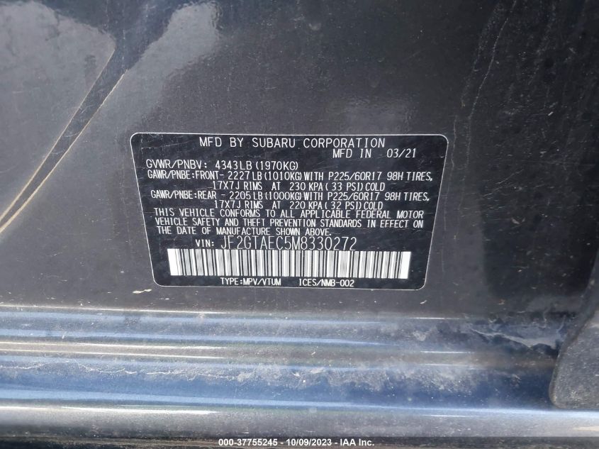 VIN JF2GTAEC5M8330272 2021 SUBARU CROSSTREK PREMIUM