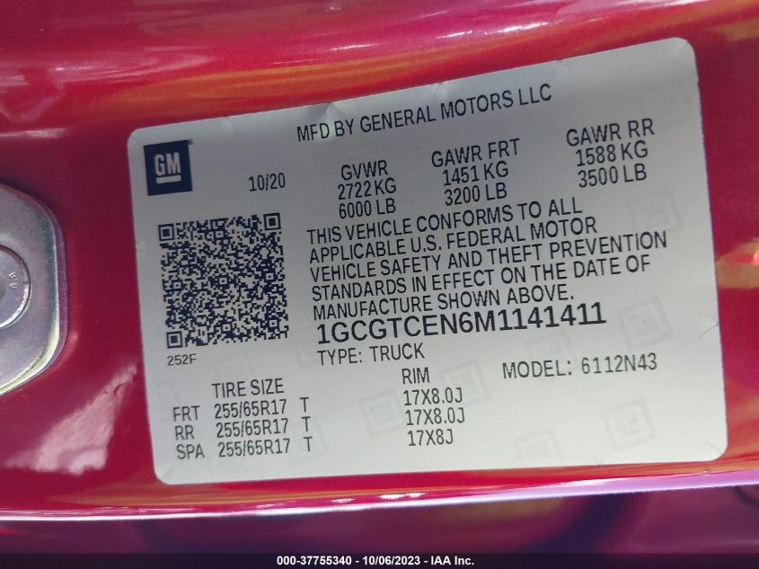 2021 CHEVROLET COLORADO LT - 1GCGTCEN6M1141411