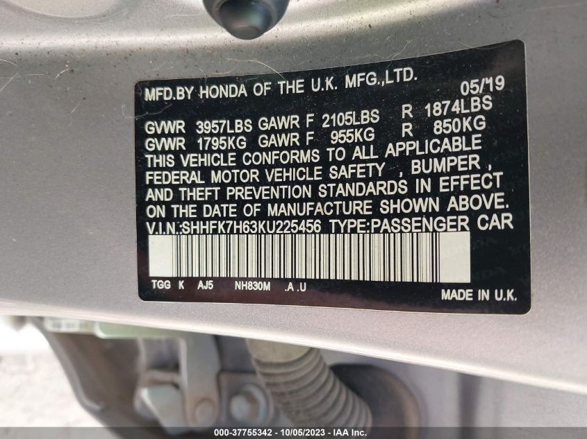 2019 HONDA CIVIC HATCHBACK EX - SHHFK7H63KU225456