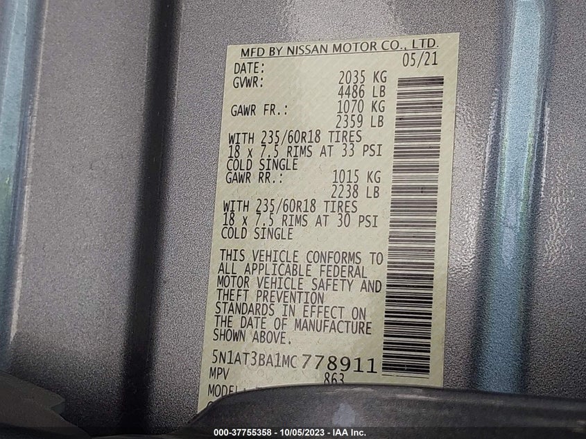VIN 5N1AT3BA1MC778911 2021 NISSAN ROGUE SV