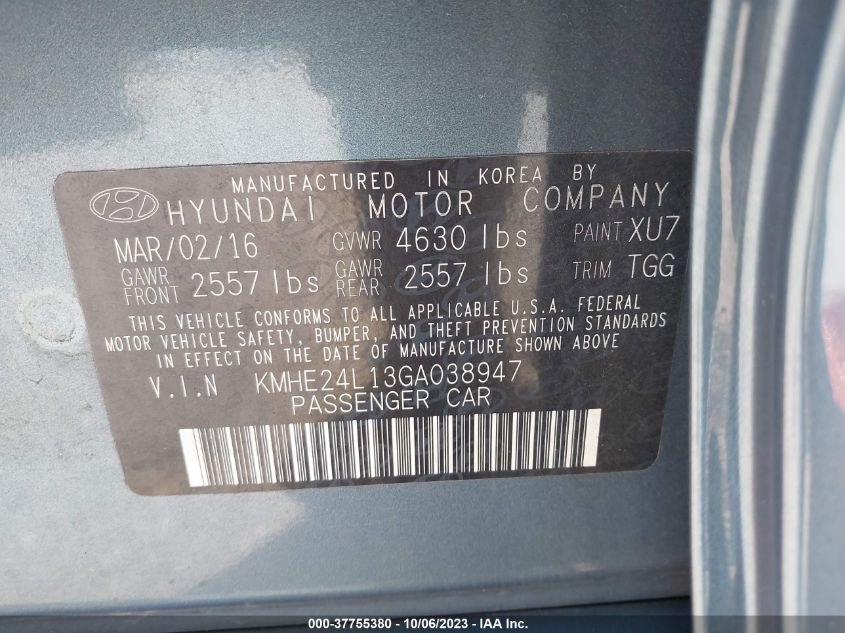 2016 HYUNDAI SONATA HYBRID SE - KMHE24L13GA038947