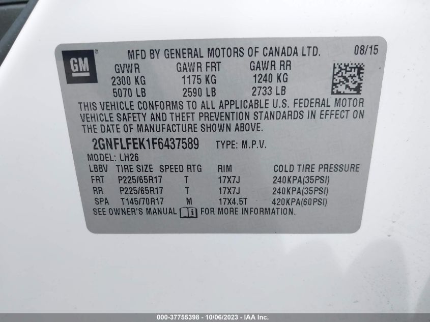 2015 CHEVROLET EQUINOX LT - 2GNFLFEK1F6437589