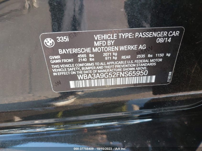 2015 BMW 3 SERIES 335I - WBA3A9G52FNS65950