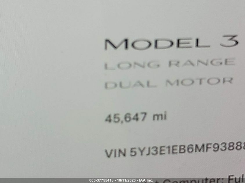 2021 TESLA MODEL 3 LONG RANGE - 5YJ3E1EB6MF938882
