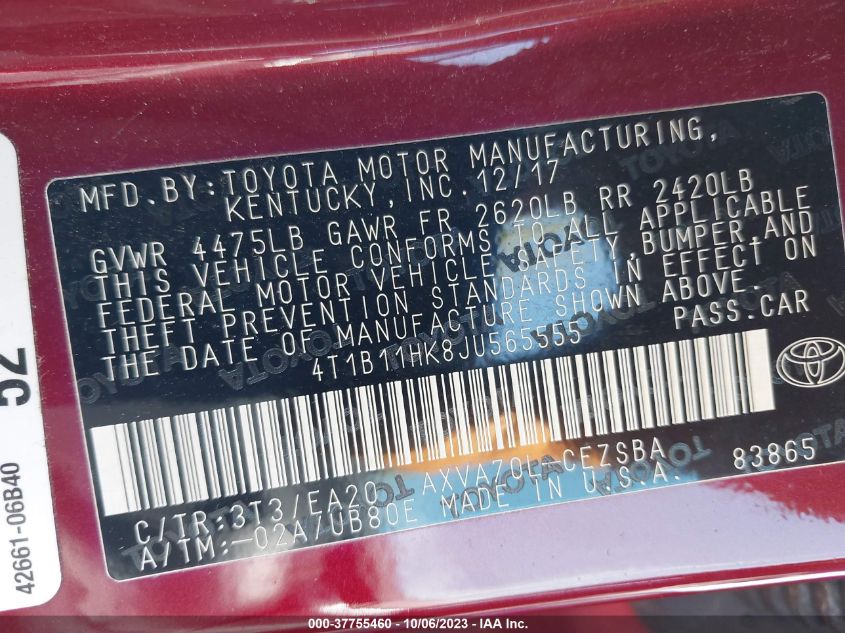 2018 TOYOTA CAMRY LE/SE/XLE/L - 4T1B11HK8JU565555