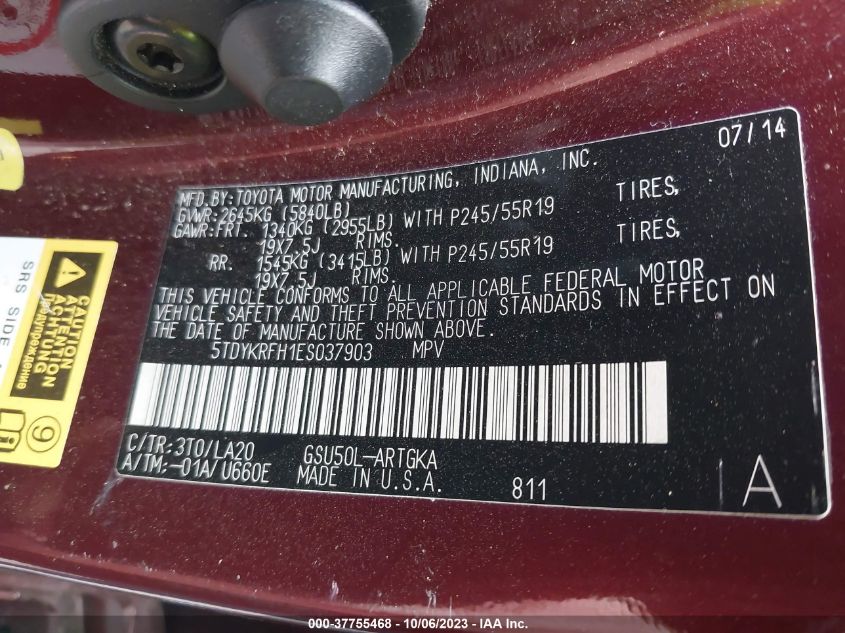 2014 TOYOTA HIGHLANDER LIMITED - 5TDYKRFH1ES037903