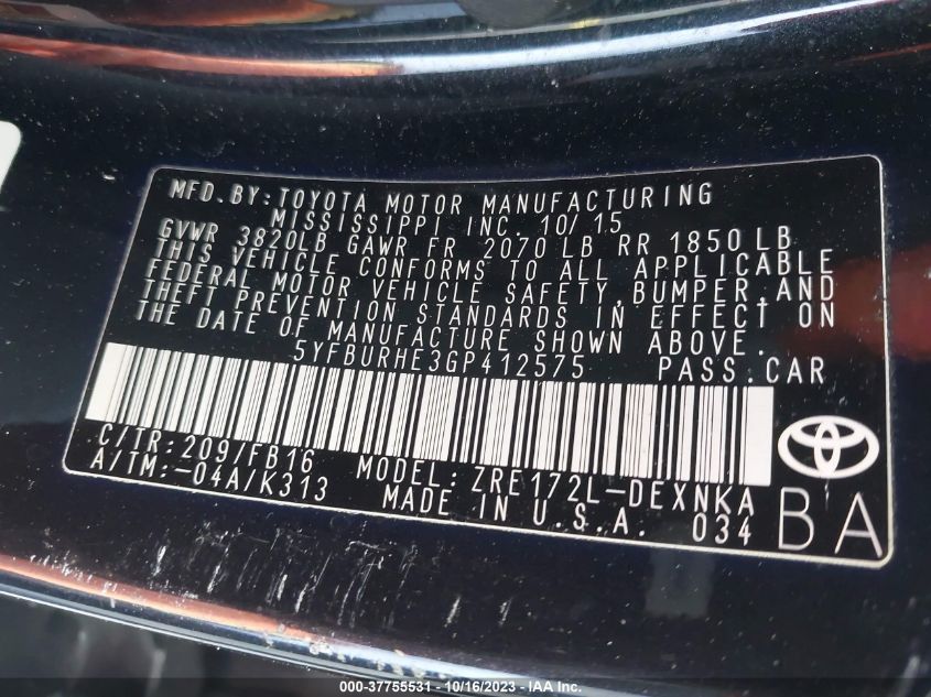 2016 TOYOTA COROLLA L/LE/LE PLS/PRM/S/S PLS - 5YFBURHE3GP412575