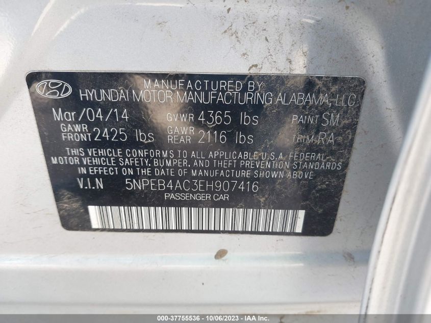 2014 HYUNDAI SONATA GLS - 5NPEB4AC3EH907416