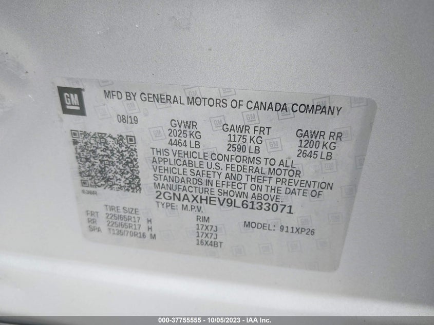 VIN 2GNAXHEV9L6133071 2020 CHEVROLET EQUINOX LS