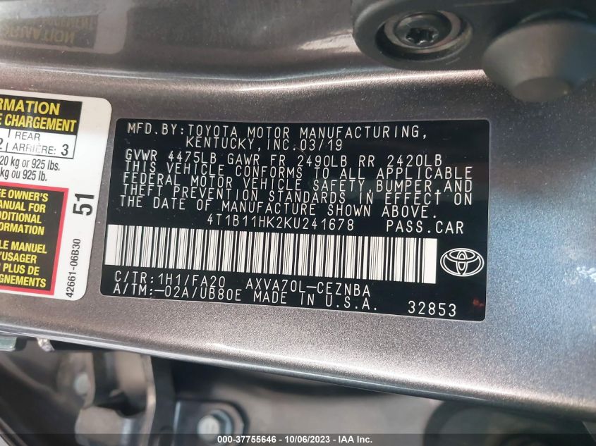 2019 TOYOTA CAMRY LE/SE/XLE/L - 4T1B11HK2KU241678