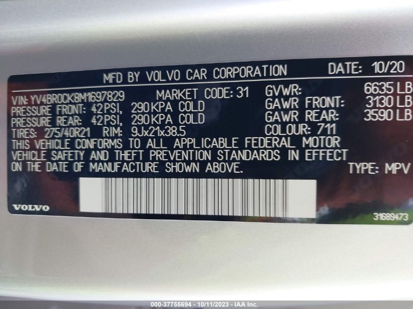 YV4BR0CK8M1697829 2021 VOLVO XC90, photo no. 9