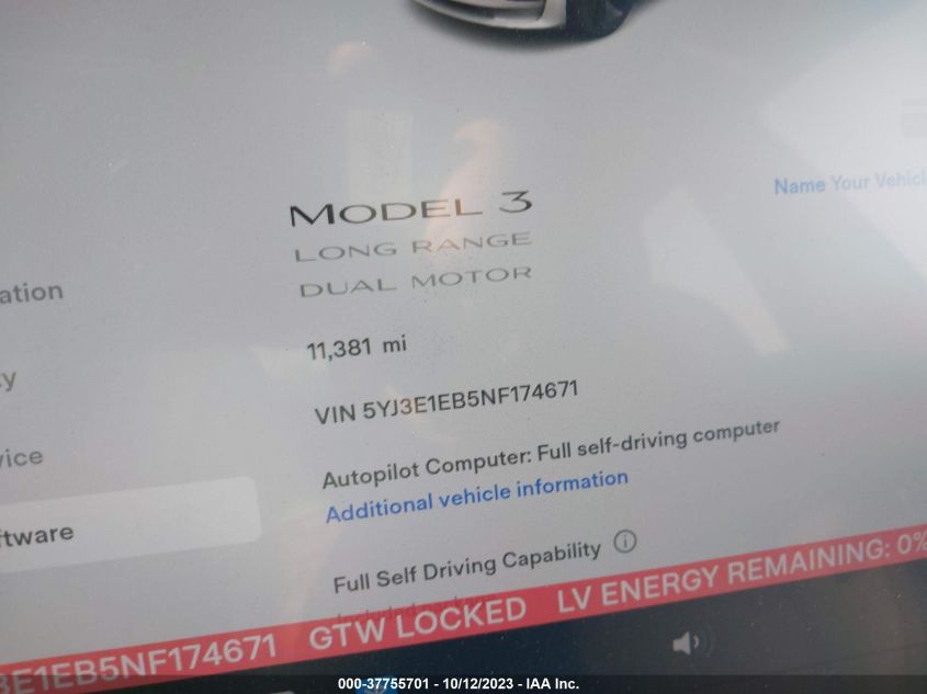 2022 TESLA MODEL 3 LONG RANGE - 5YJ3E1EB5NF174671