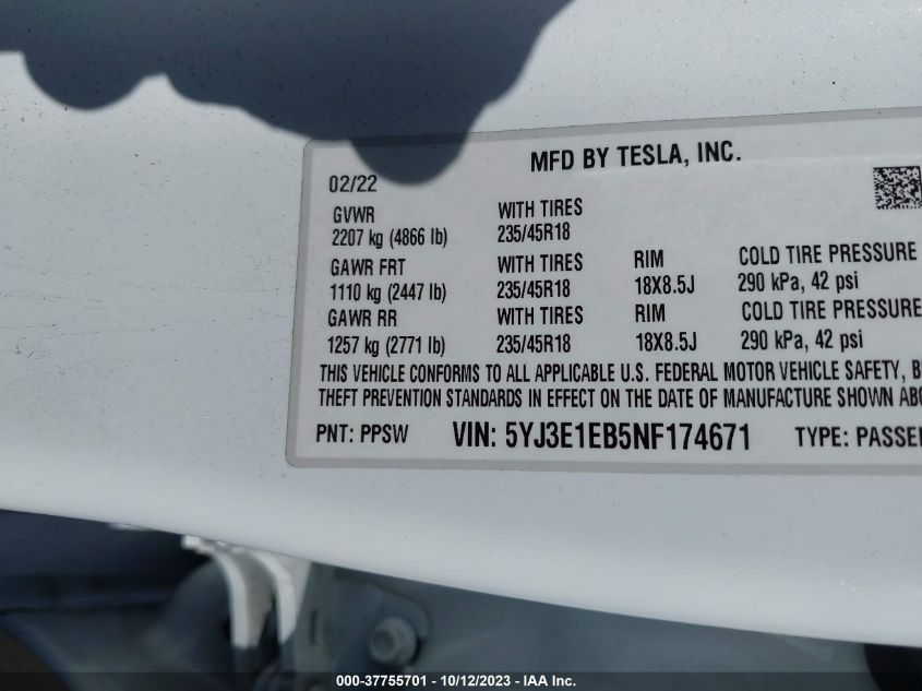 2022 TESLA MODEL 3 LONG RANGE - 5YJ3E1EB5NF174671