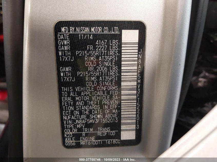 2015 NISSAN JUKE SL/SV/NISMO/S - JN8AF5MV3FT552013