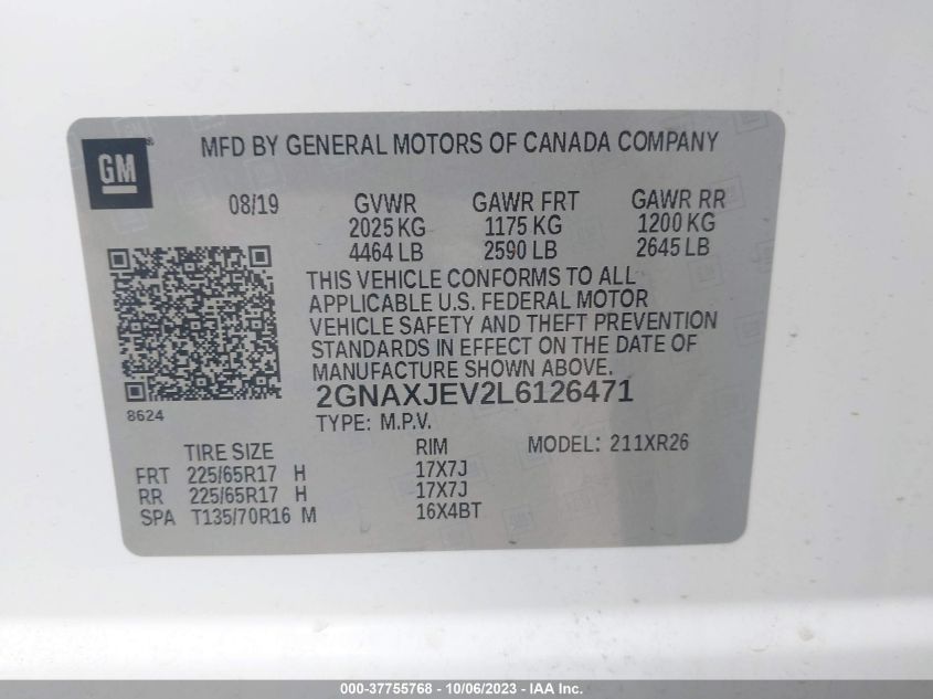 2020 CHEVROLET EQUINOX LT - 2GNAXJEV2L6126471