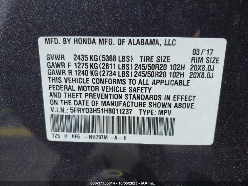 2017 ACURA MDX W/TECHNOLOGY PKG - 5FRYD3H51HB011237