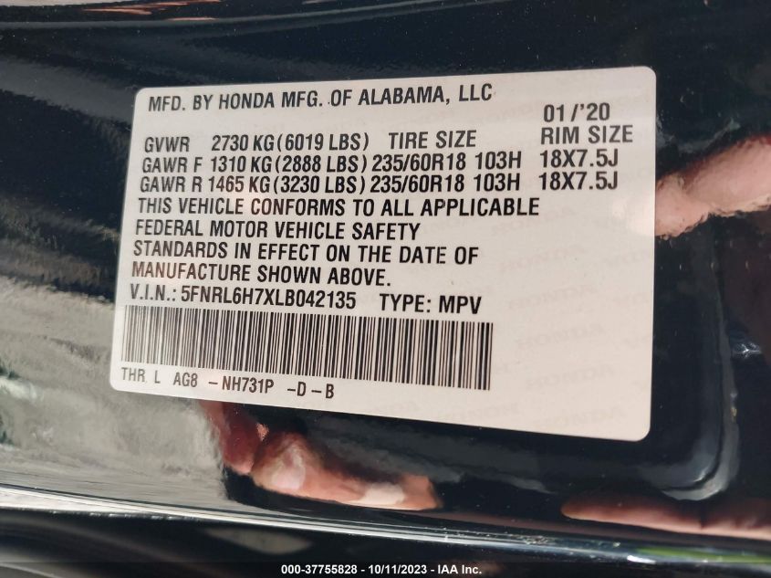 2020 HONDA ODYSSEY EX-L - 5FNRL6H7XLB042135